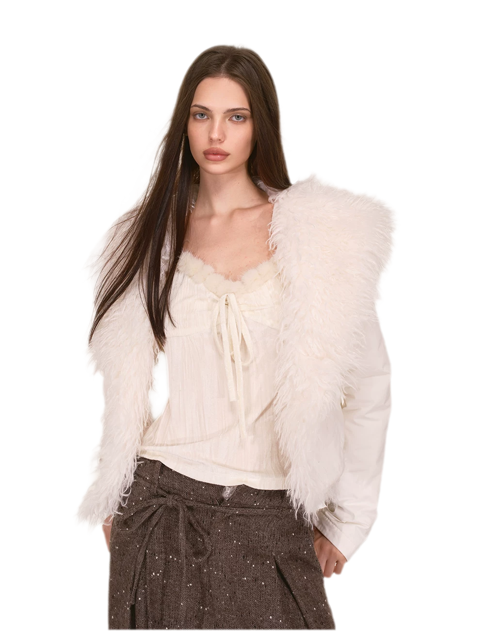 Textured Fur Collar Cropped Jacket