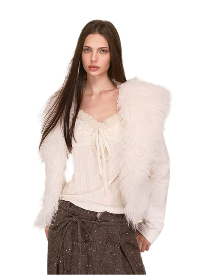 Textured Fur Collar Cropped Jacket