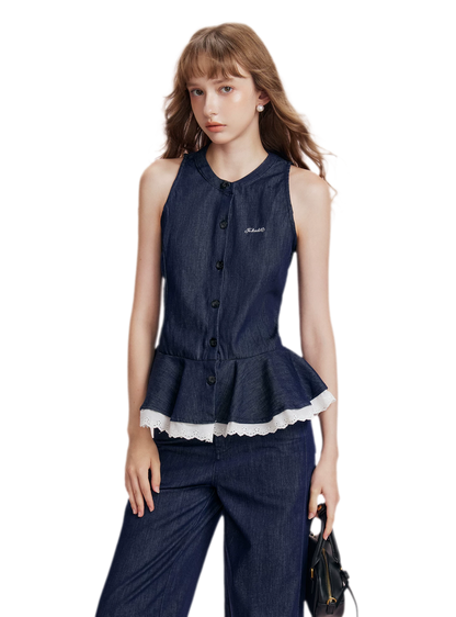 Lace Trim Peplum Denim Set