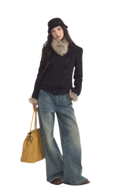 Detachable Fur Collar Twill Coat