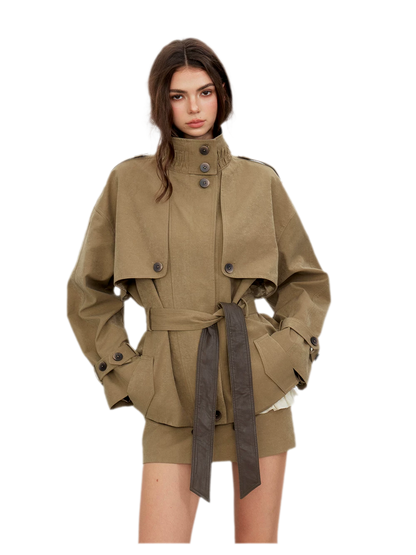 Pleated Stand-Collar Utility Jacket