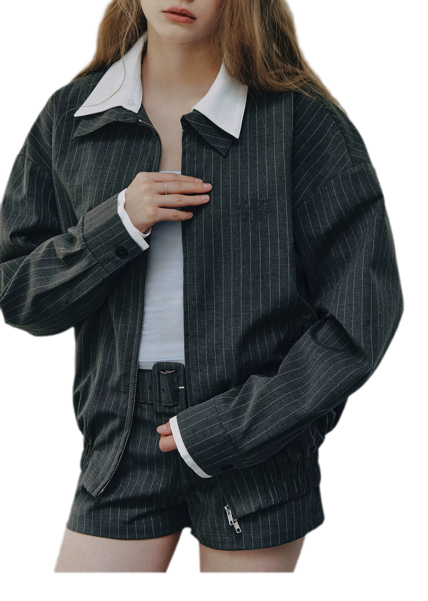 Pinstripe Belted Jacket Shorts Set