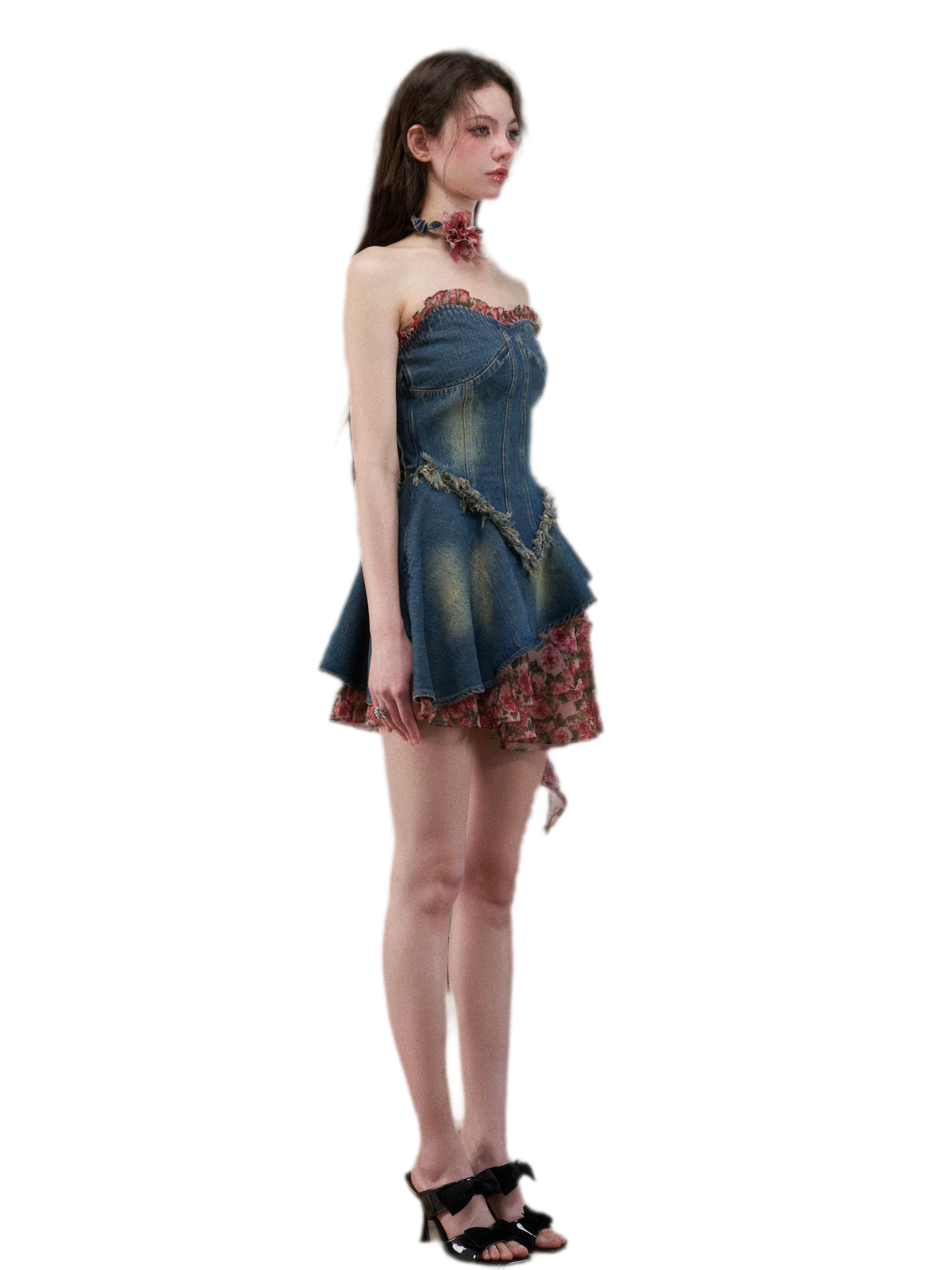 Washed Denim Rose Panel Dress
