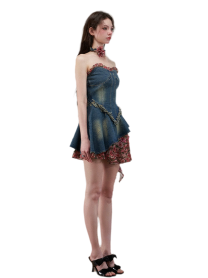 Washed Denim Rose Panel Dress
