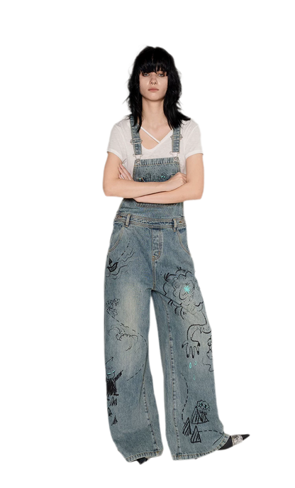 Graffiti Wide-Leg Overalls