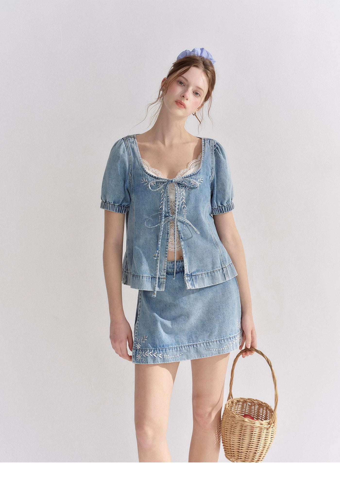 Floral Embroidered Tie Denim Top &amp; Skort Set