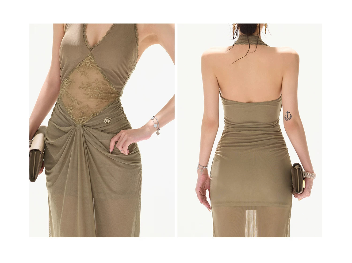 Deep V Halter Neck Lace Mesh Backless Long