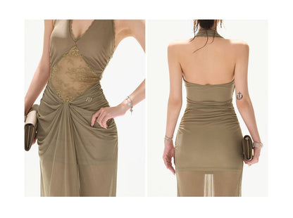 Deep V Halter Neck Lace Mesh Backless Long