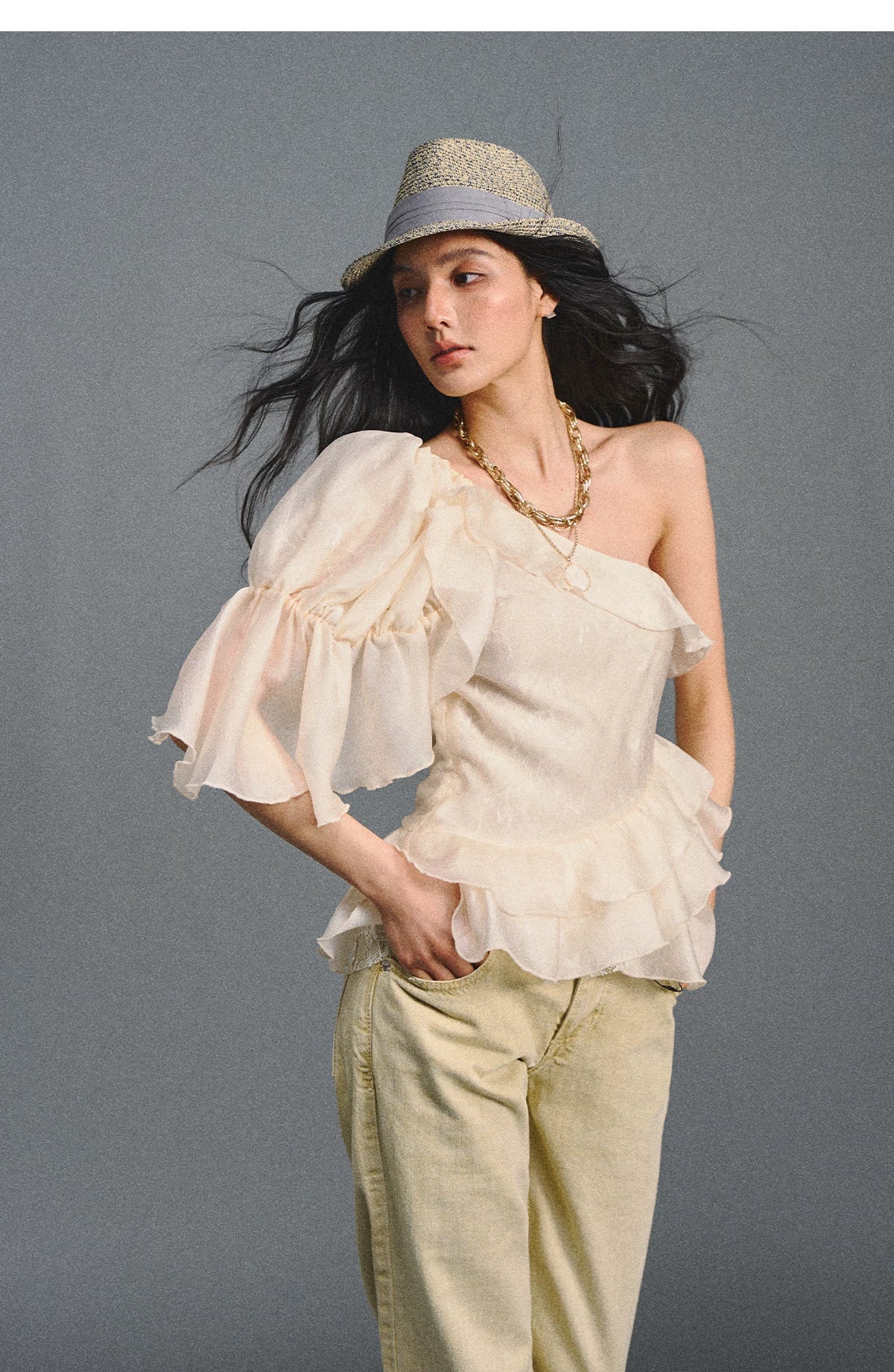 Vintage Romantic Lace Ruffled Asymmetric Top