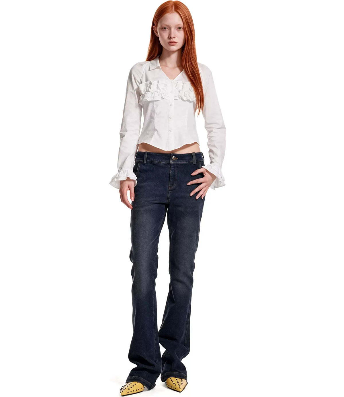 Pleated Ruffle Puff-Sleeve Shirt