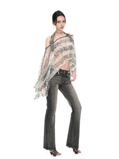 Sequin Asymmetrical Cropped Overshirt