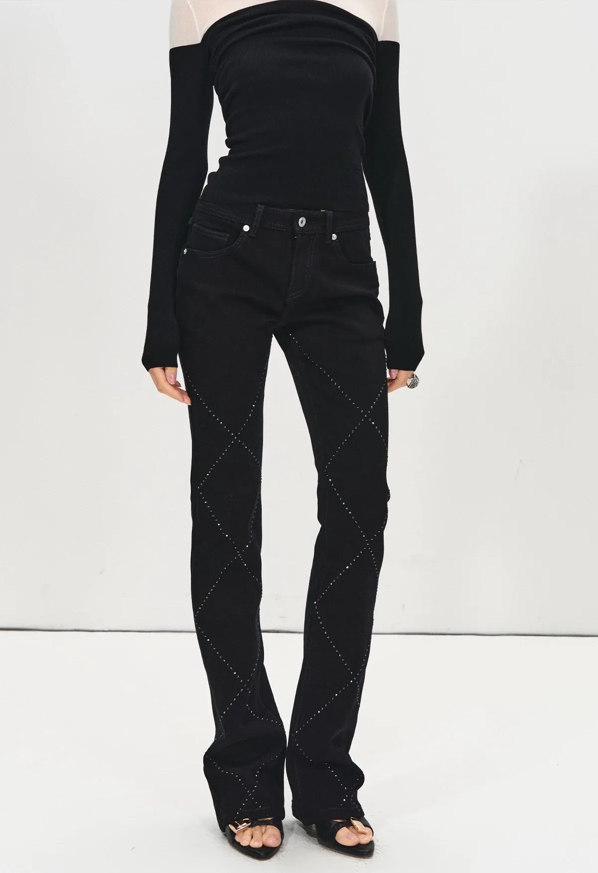 Stylish Quilted Rhinestone Mid-Low Waist Black Slim Flared
