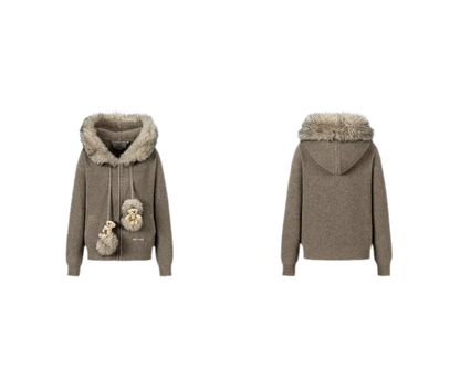 Pom-Pom Hooded Knit Sweater