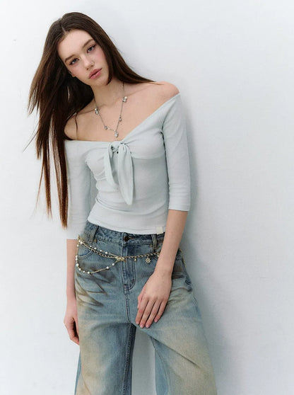 Heartbeat Light Tie Pure Desire Off-Shoulder T-Shirt
