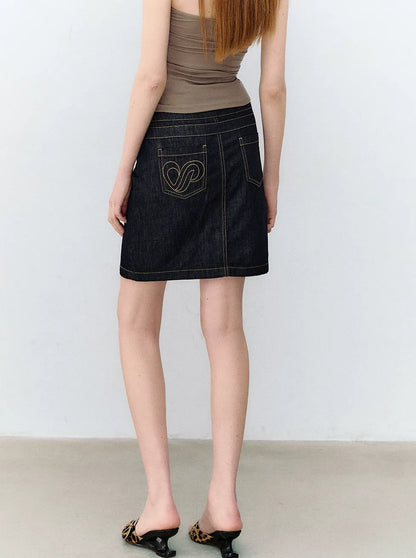 Retro Denim Blue Studded Straight Skirt