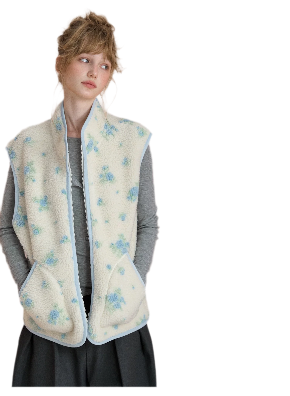 Floral Fleece Stand Collar Vest