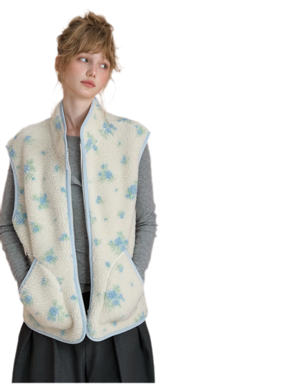Floral Fleece Stand Collar Vest