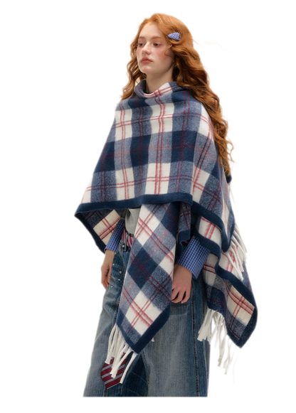 Vintage Plaid Fringed Shawl