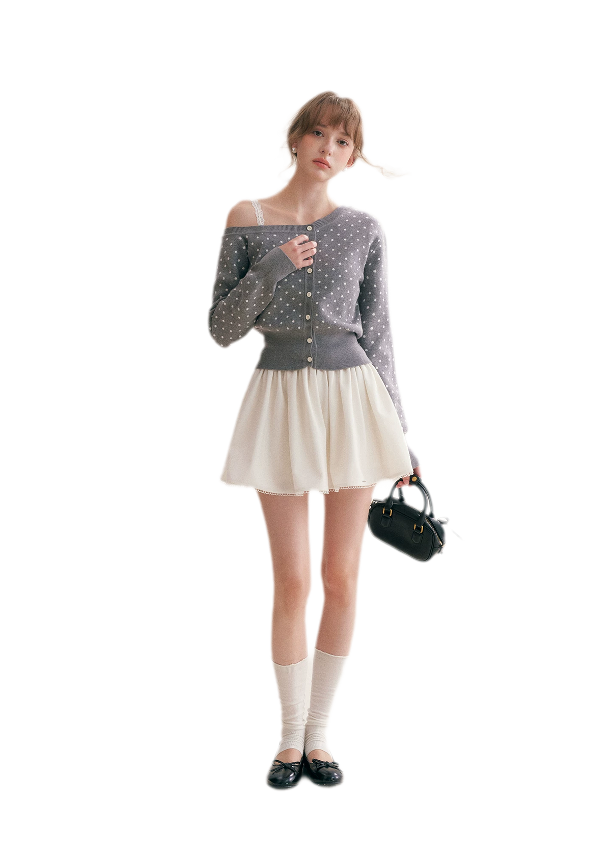 Polka Dot Slanted Shoulder Cardigan