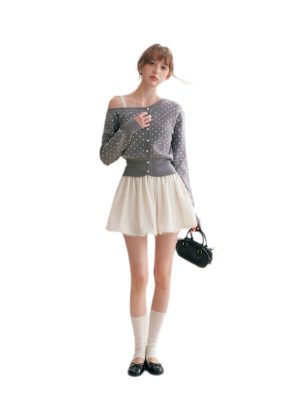 Polka Dot Slanted Shoulder Cardigan
