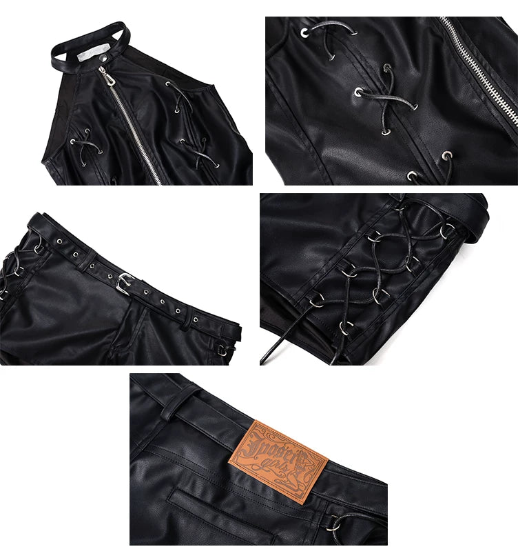 Fitted Black Matte PU Leather Waistcoat &amp; Shorts