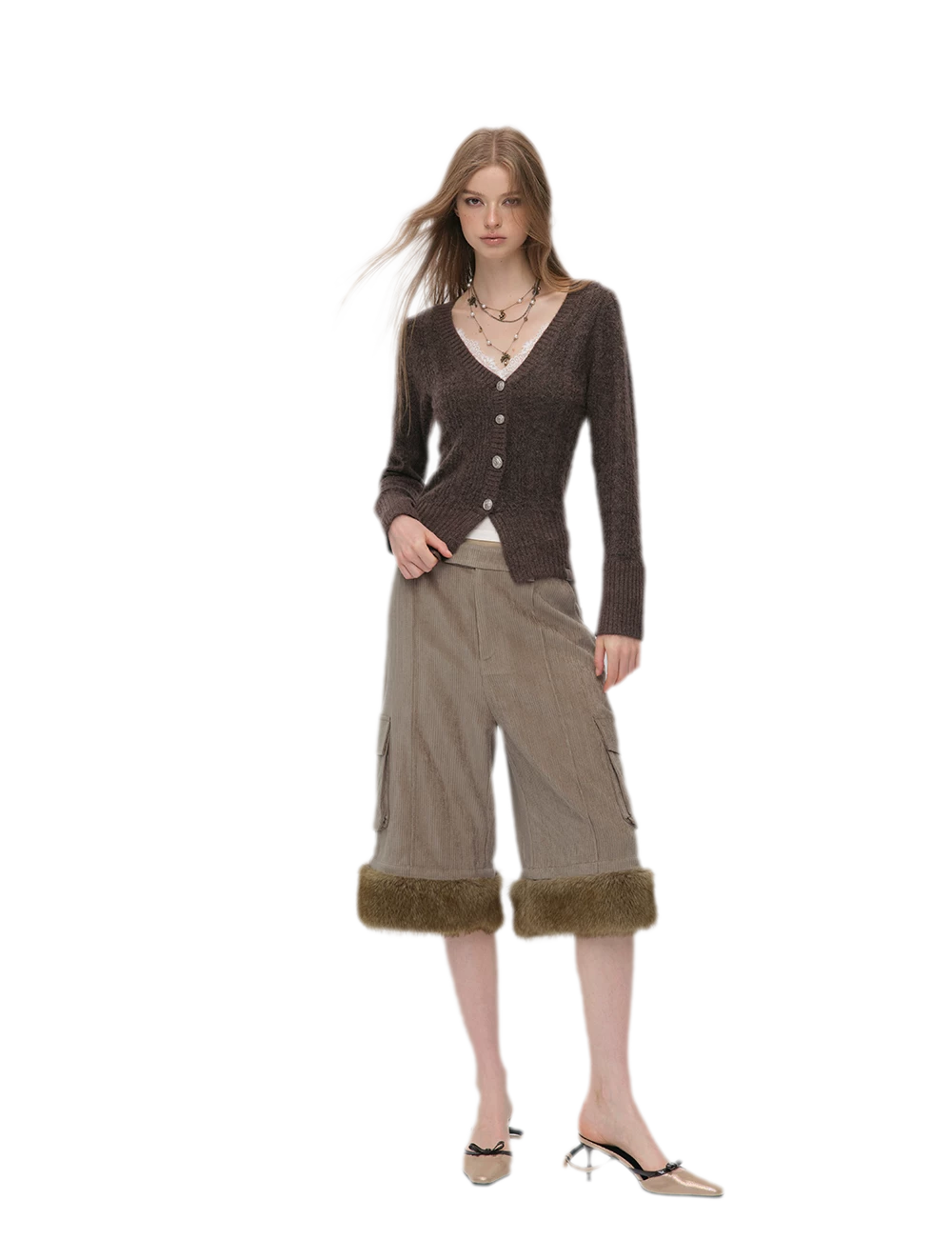 Brushed Cable-Knit Fitted Cardigan