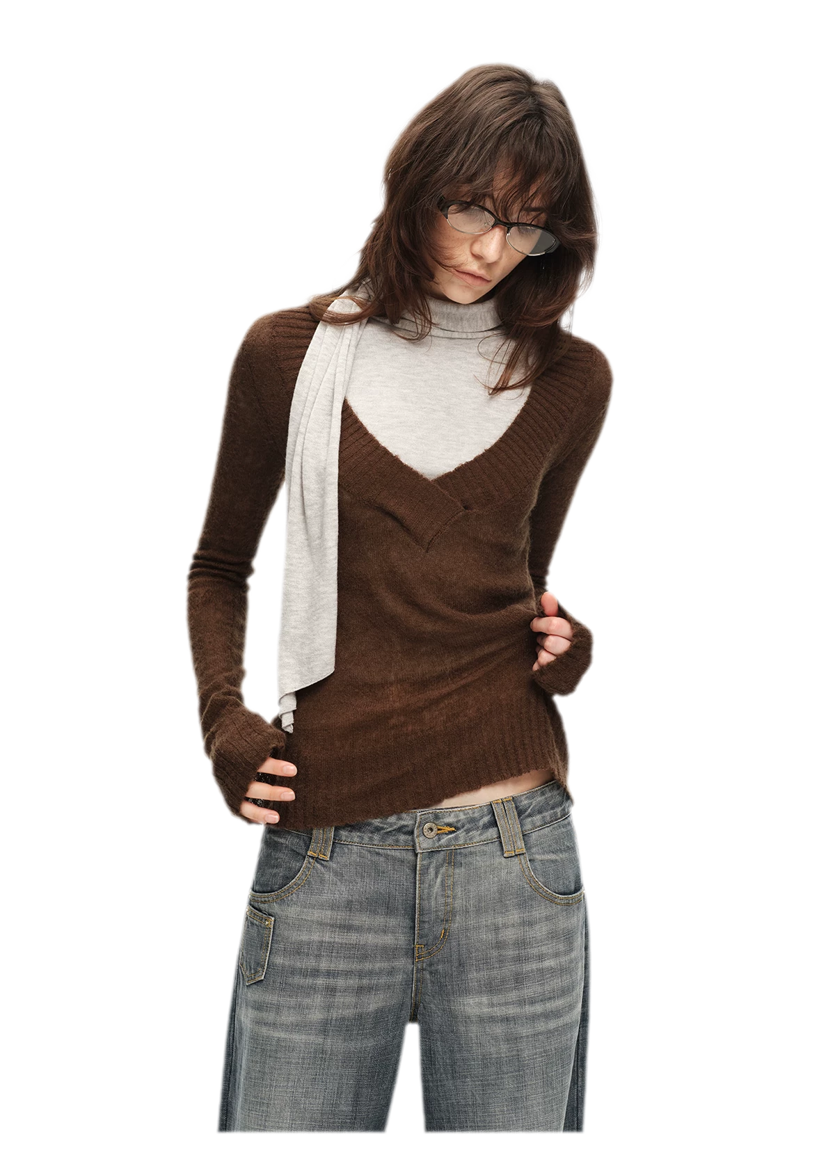 Faux Mohair Deep-V Sweater