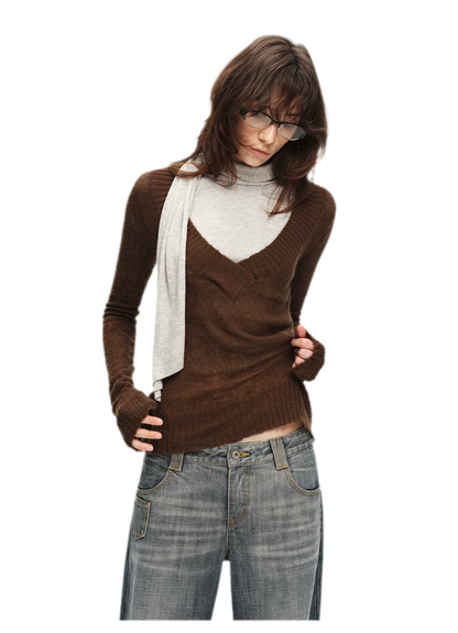 Faux Mohair Deep-V Sweater