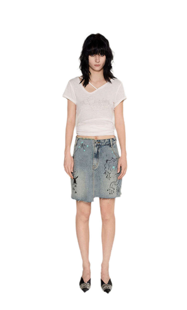 Washed Graffiti A-Line Denim Skirt