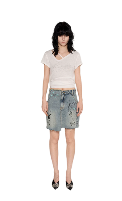 Washed Graffiti A-Line Denim Skirt