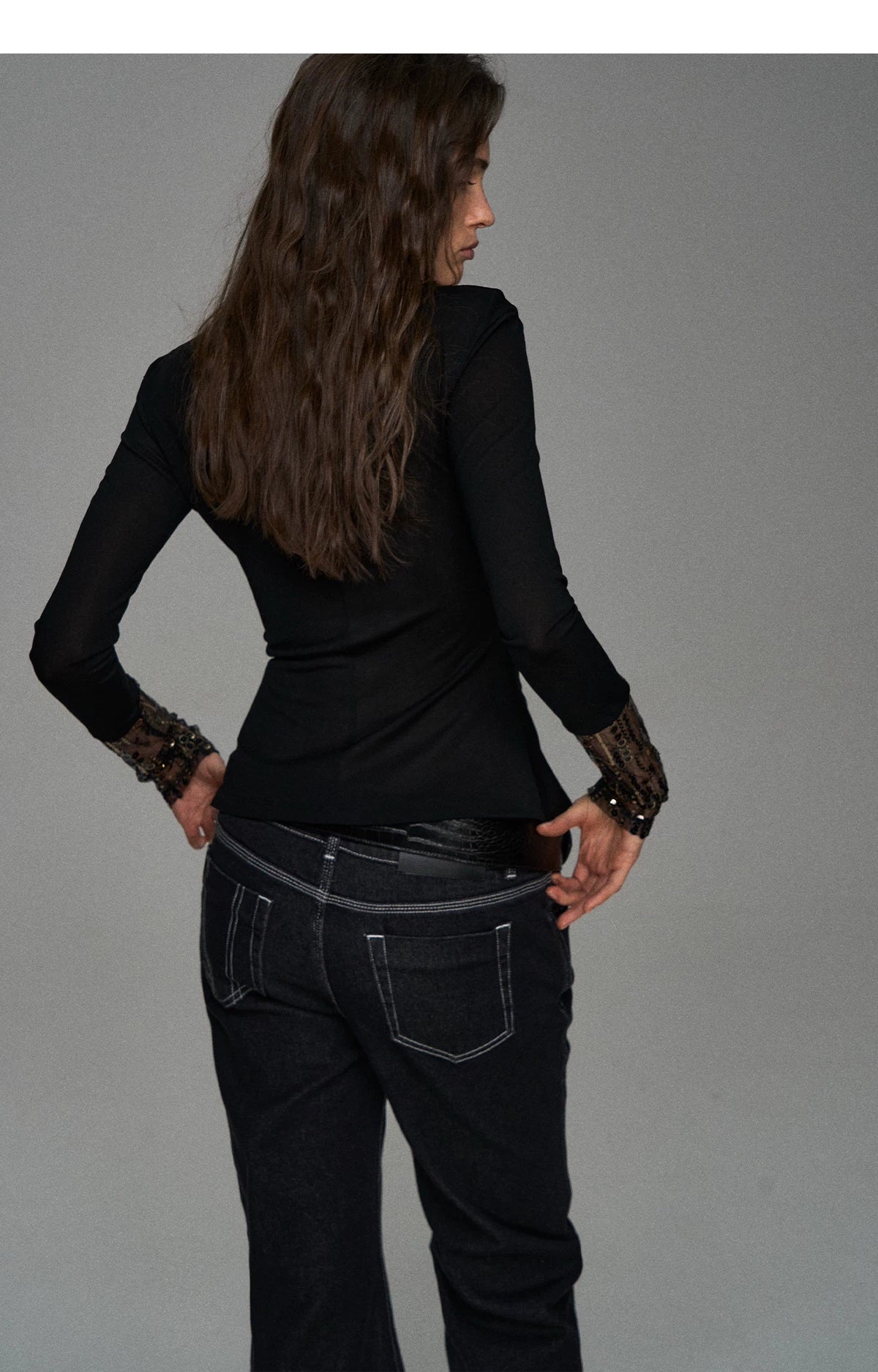 Embroidered Acetate Silk Cross-Knot Long Sleeve T-Shirt