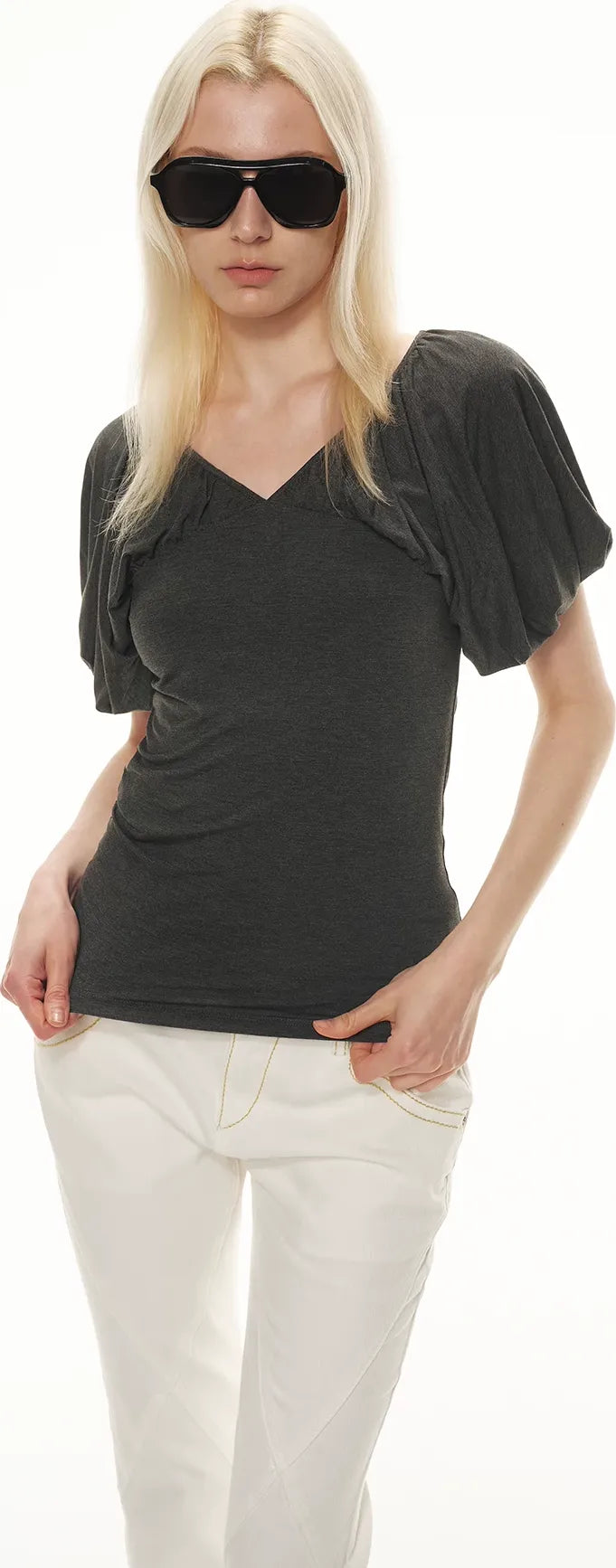 Soft Draped Puff Sleeve V-Neck Slim T-Shirt