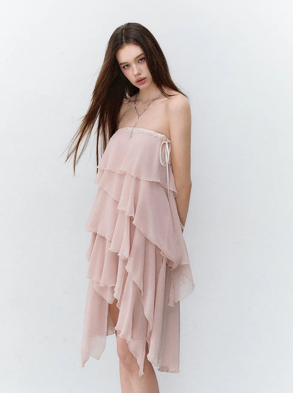 Asymmetric Chiffon Tie-Waist Strapless Skirt