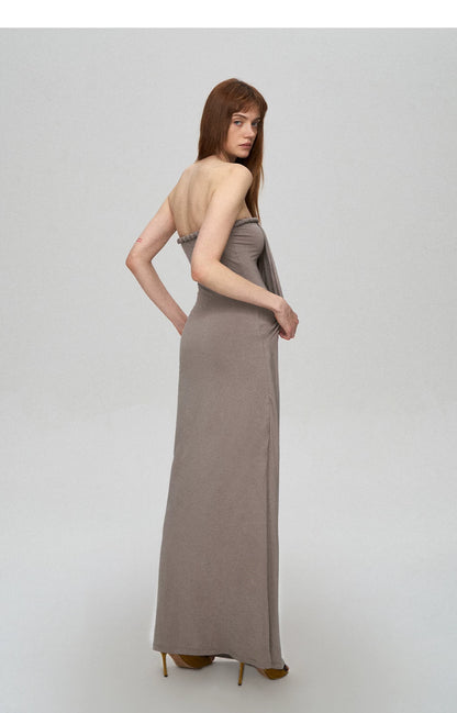 Sculptural 93% Lyocell Pleated Long Dress