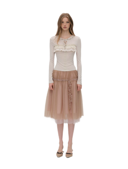 Wool Blend Lace Tie T-Shirt