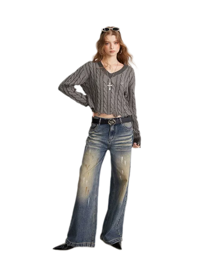 Distressed Cable Knit V-Neck Sweater