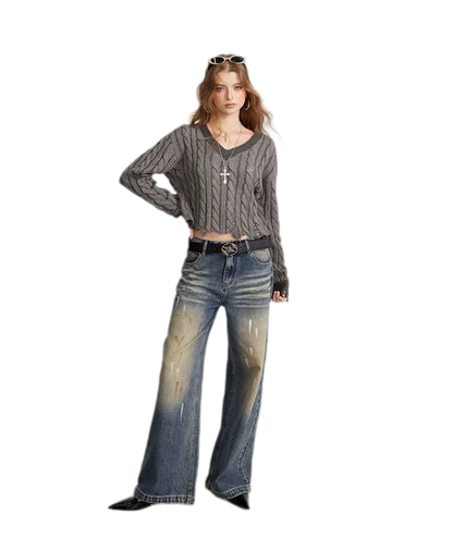 Distressed Cable Knit V-Neck Sweater