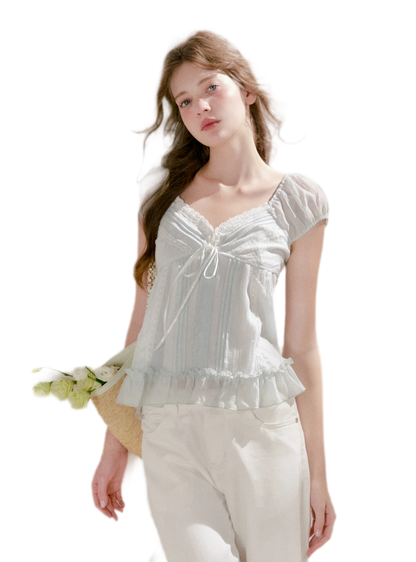 Pleated Lace Ruffle T-Shirt