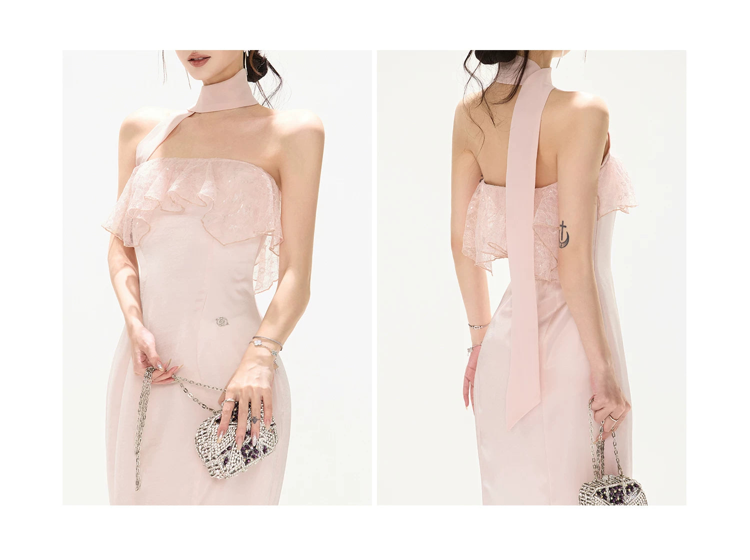 Strapless Lace Ruffle Fishtail Long Dress in Champagne