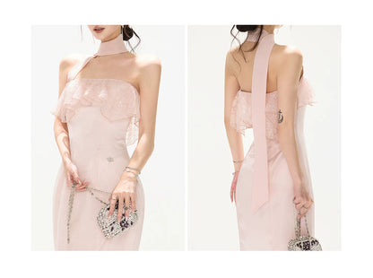Strapless Lace Ruffle Fishtail Long Dress in Champagne