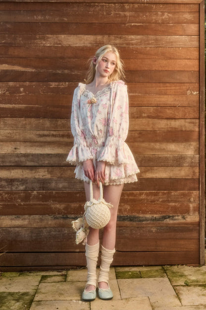 Floral Lace Puff-Sleeve Dress Set