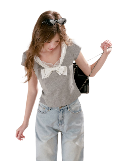 Polka-Dot Bow Knit Top
