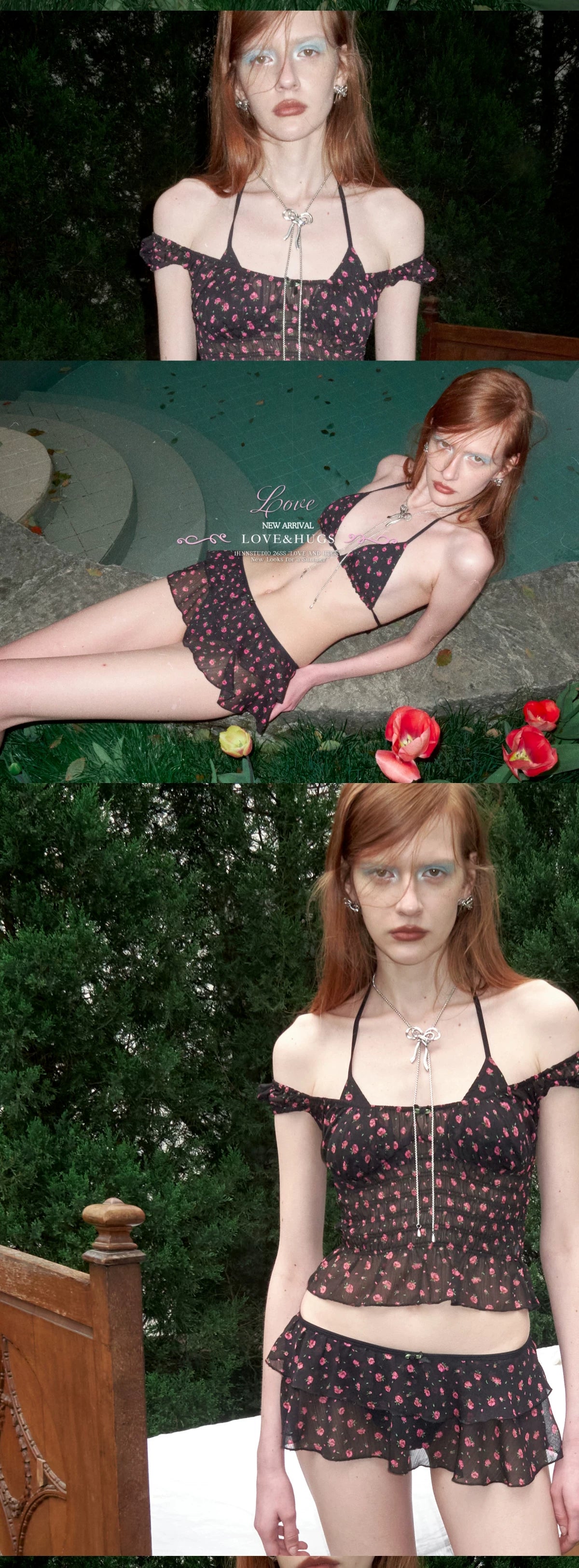 Black Floral U-Neck Three-Piece Bikini Set