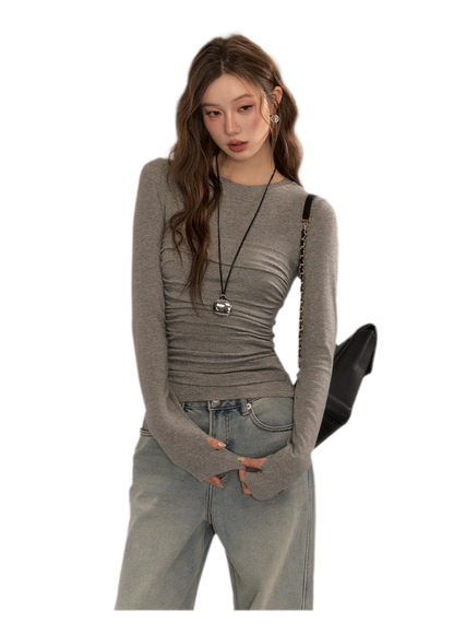 Ruched Sheer Long Sleeve Top