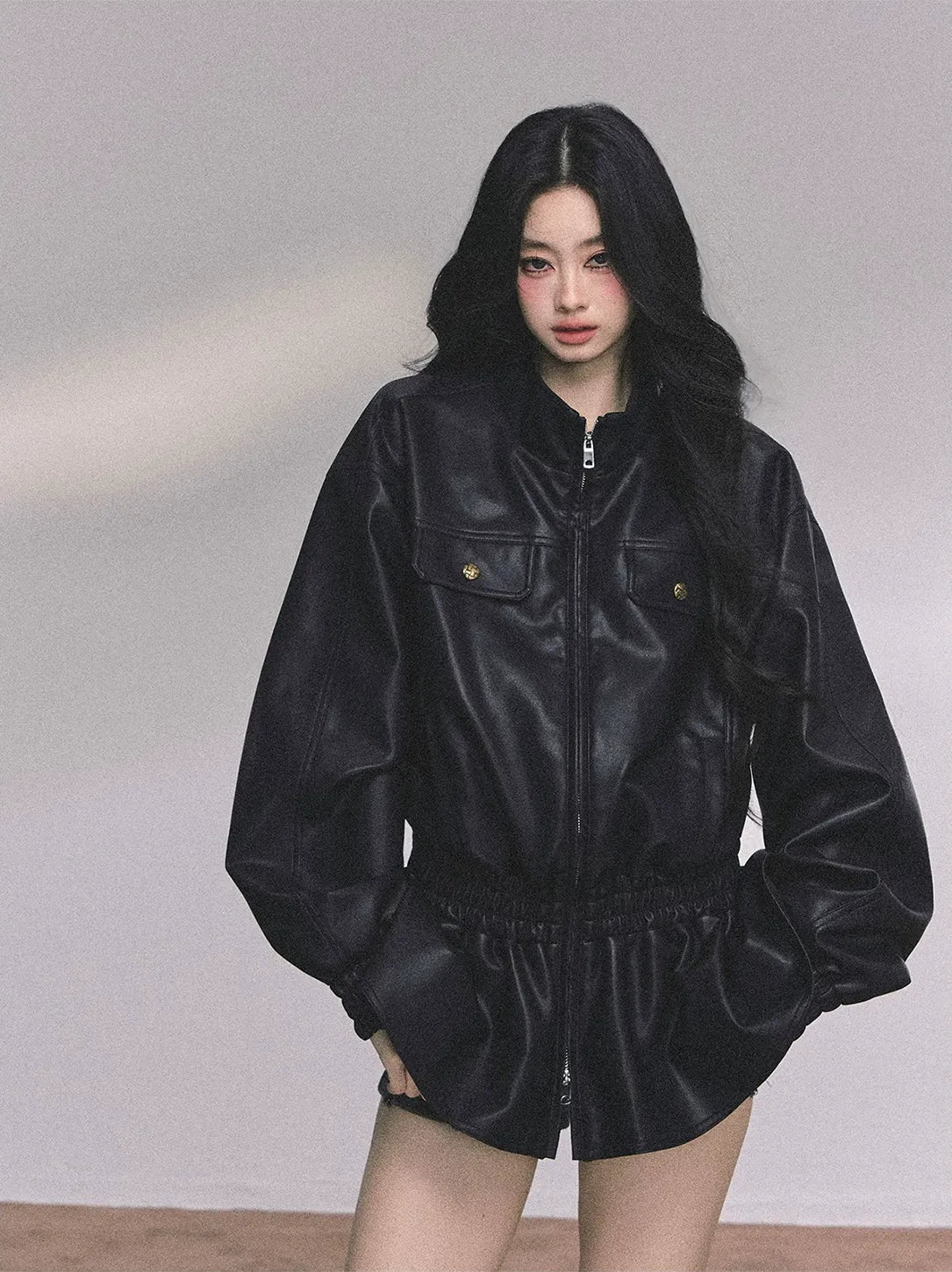 Faux Leather Stand Collar Jacket