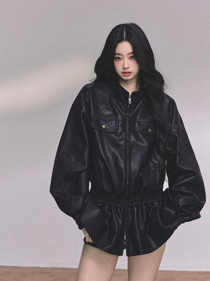 Faux Leather Stand Collar Jacket