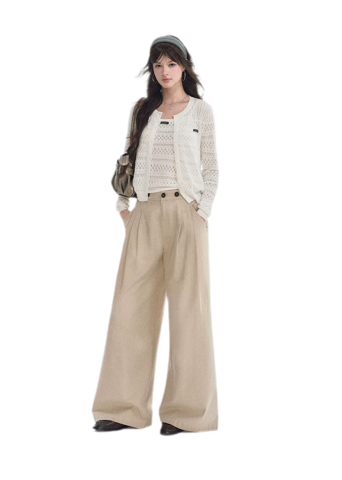 Pantaloni in cotone con pieghe e gamba ampia