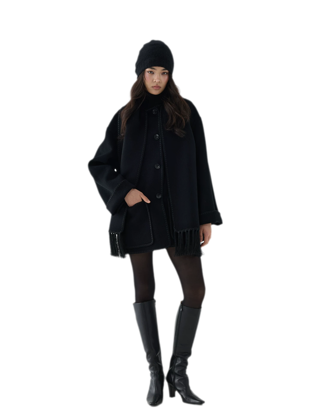 Double-Faced Wool Fringe Cape Coat