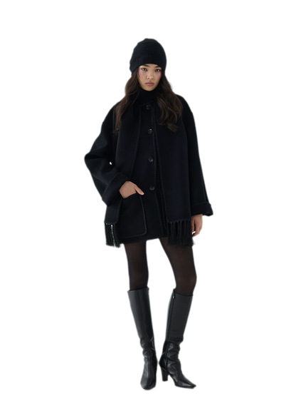 Double-Faced Wool Fringe Cape Coat
