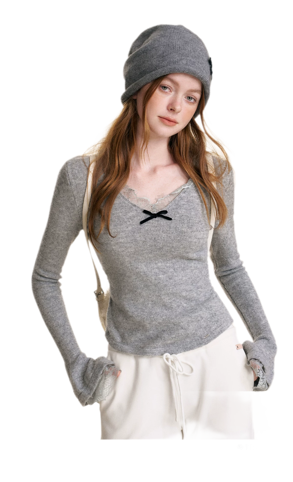 Lace Bow V-Neck Knit Top